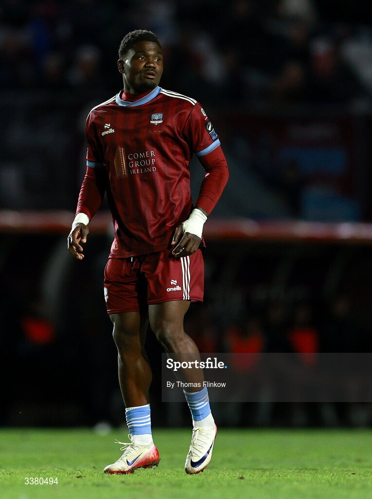 6 March 2026; Frantz Pierrot of Galway United during the SSE Airtricity Men's Premier Division match between Galway United and Dundalk at Eamonn Deacy Park in Galway. Photo by Thomas Flinkow/Sportsfile