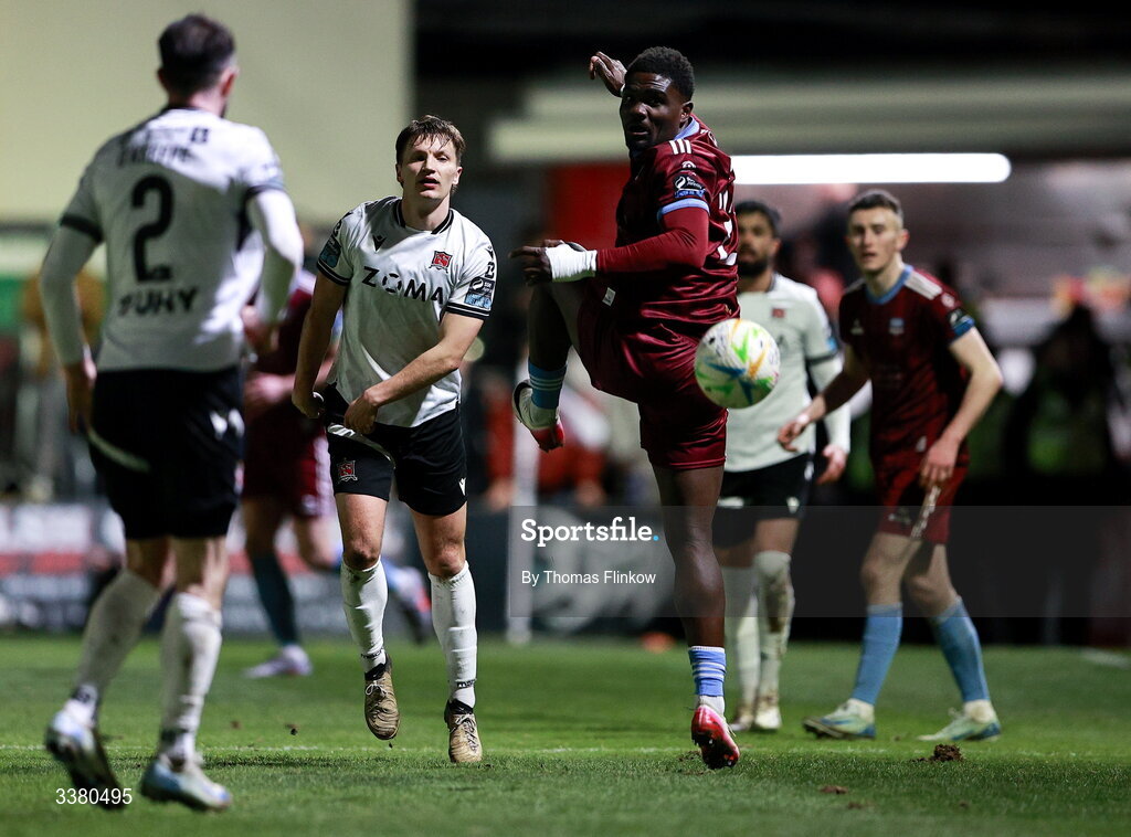 6 March 2026; Frantz Pierrot of Galway United during the SSE Airtricity Men's Premier Division match between Galway United and Dundalk at Eamonn Deacy Park in Galway. Photo by Thomas Flinkow/Sportsfile