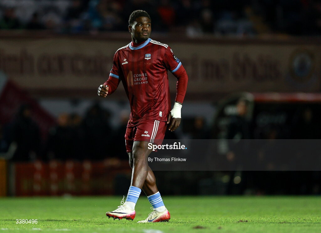 6 March 2026; Frantz Pierrot of Galway United during the SSE Airtricity Men's Premier Division match between Galway United and Dundalk at Eamonn Deacy Park in Galway. Photo by Thomas Flinkow/Sportsfile
