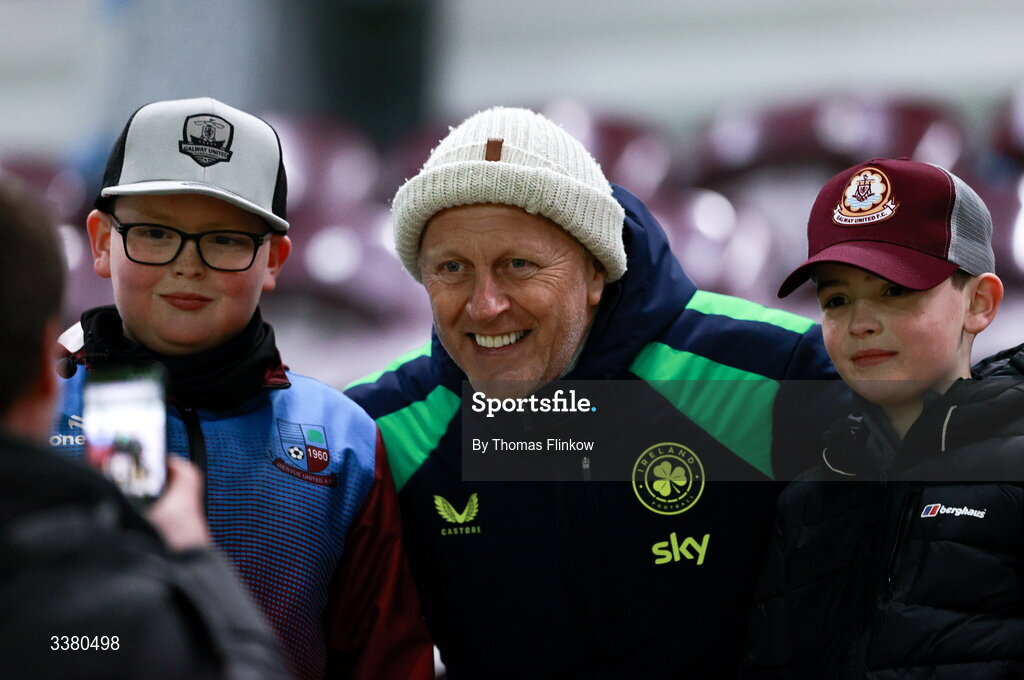 6 March 2026; Republic of Ireland head coach Heimir Hallgrimsson has a photo taken with supporters after the SSE Airtricity Men's Premier Division match between Galway United and Dundalk at Eamonn Deacy Park in Galway Photo by Thomas Flinkow/Sportsfile