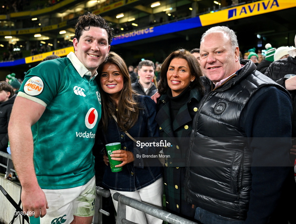 6 March 2026; Tom Stewart of Ireland with friends and family after his side's victory in the Guinness 6 Nations Rugby Championship match between Ireland and Wales at the Aviva Stadium in Dublin. Photo by Brendan Moran/Sportsfile