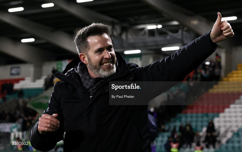 6 March 2026; Shamrock Rovers manager Stephen Bradley celebrates at full-time after the SSE Airtricity Men's Premier Division match between Shamrock Rovers and Derry City at Tallaght Stadium in Dublin. Photo by Paul Phelan/Sportsfile