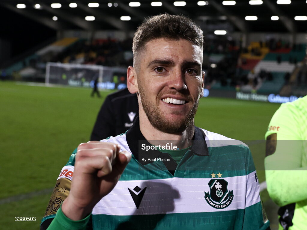 6 March 2026; Goalscorer Dylan Watts of Shamrock Rovers celebrates at full-time after the SSE Airtricity Men's Premier Division match between Shamrock Rovers and Derry City at Tallaght Stadium in Dublin. Photo by Paul Phelan/Sportsfile