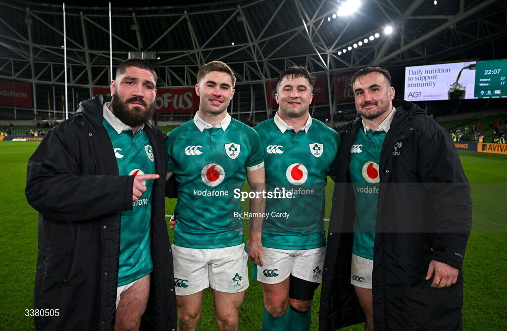 6 March 2026; Ireland players, from left, Tom O’Toole, Jack Crowley, Thomas Clarkson and Rónan Kelleher after their side's victory in the Guinness 6 Nations Rugby Championship match between Ireland and Wales at the Aviva Stadium in Dublin. Photo by Ramsey Cardy/Sportsfile