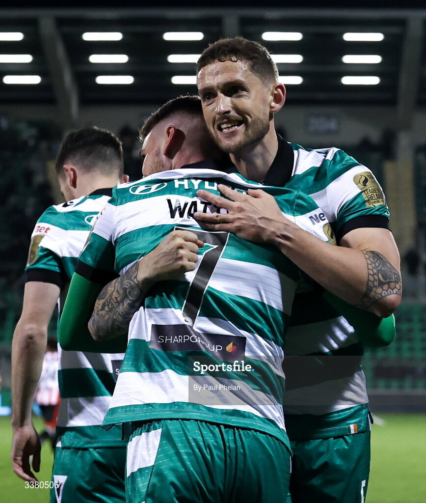 6 March 2026; Dylan Watts of Shamrock Rovers celebrates after scoring his side's first goal with Lee Grace of Shamrock Rovers during the SSE Airtricity Men's Premier Division match between Shamrock Rovers and Derry City at Tallaght Stadium in Dublin. Photo by Paul Phelan/Sportsfile