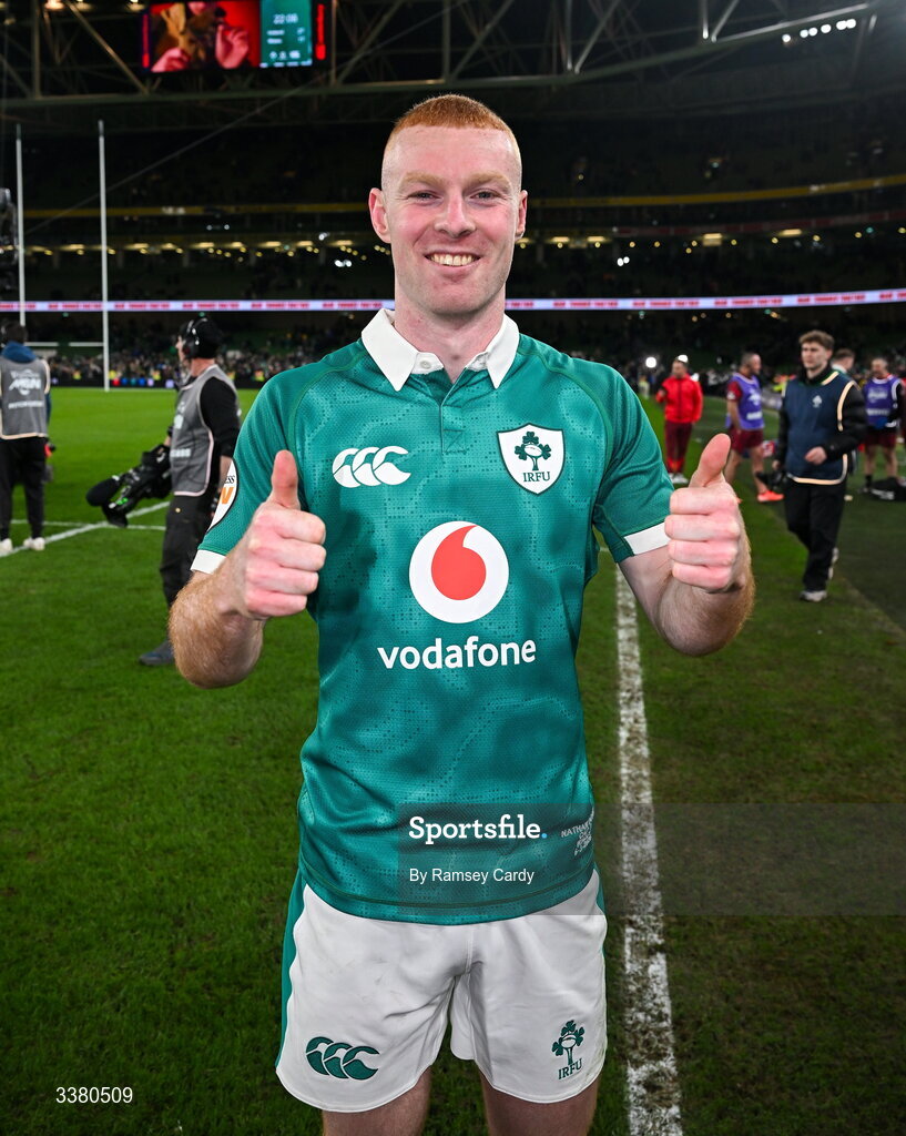 6 March 2026; Nathan Doak of Ireland after his side's victory in the Guinness 6 Nations Rugby Championship match between Ireland and Wales at the Aviva Stadium in Dublin. Photo by Ramsey Cardy/Sportsfile