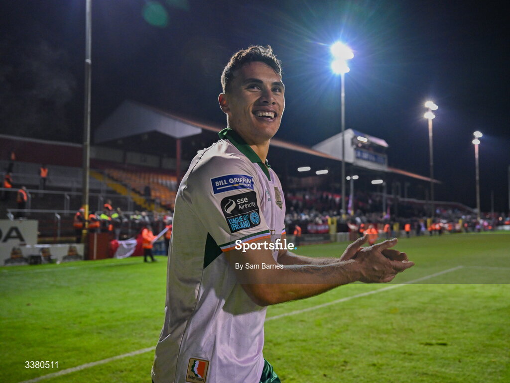 6 March 2026; Max Mata of St Patrick's Athletic celebrates after his side's victory in the SSE Airtricity Men's Premier Division match between Shelbourne and St Patrick's Athletic at Tolka Park in Dublin. Photo by Sam Barnes/Sportsfile