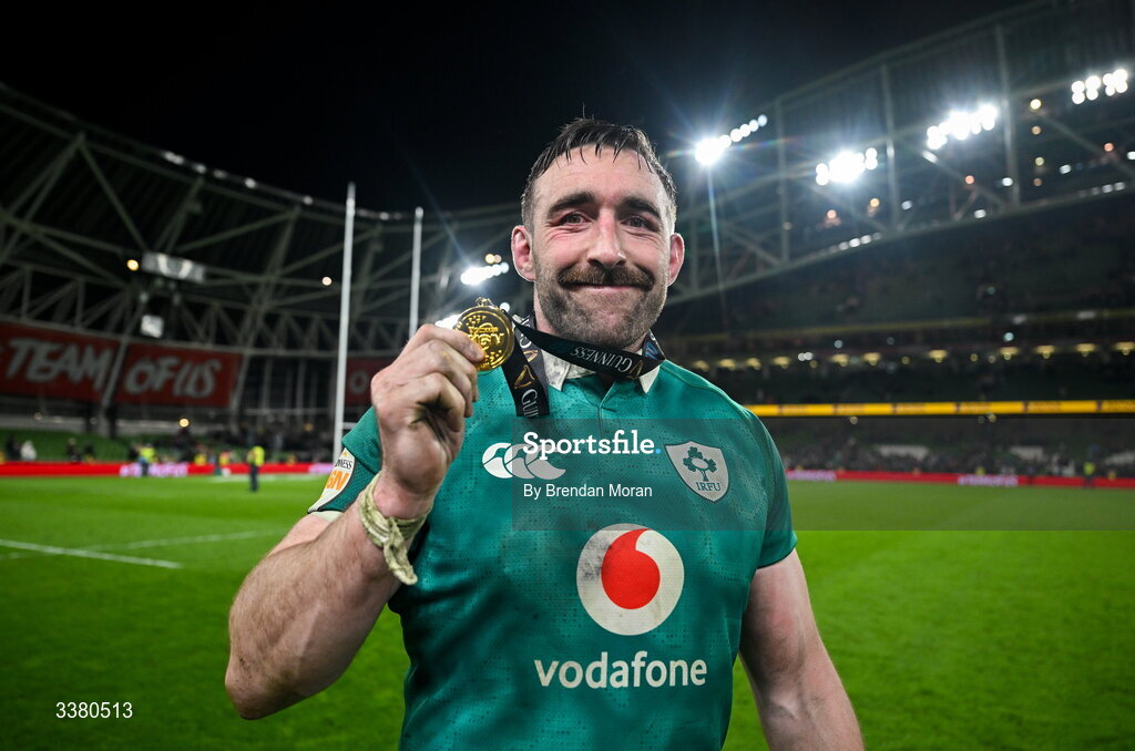 6 March 2026; Jack Conan of Ireland with his player of the match medal after the Guinness 6 Nations Rugby Championship match between Ireland and Wales at the Aviva Stadium in Dublin. Photo by Brendan Moran/Sportsfile