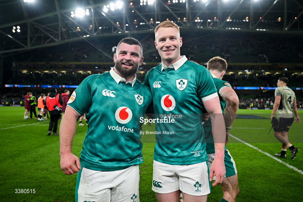 6 March 2026; Ireland players Michael Milne, left, and Ciarán Frawley after their side's victory in the Guinness 6 Nations Rugby Championship match between Ireland and Wales at the Aviva Stadium in Dublin. Photo by Brendan Moran/Sportsfile