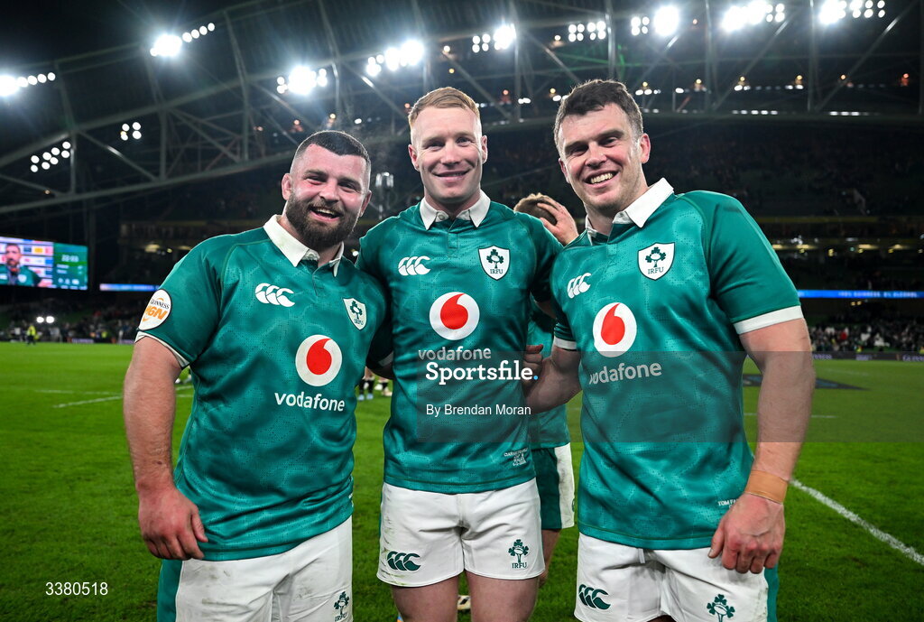 6 March 2026; Ireland players, from left, Michael Milne, Ciarán Frawley and Tom Farrell after their side's victory in the Guinness 6 Nations Rugby Championship match between Ireland and Wales at the Aviva Stadium in Dublin. Photo by Brendan Moran/Sportsfile