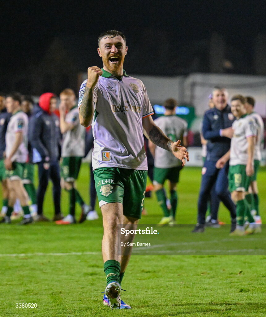 6 March 2026; Ryan Edmondson of St Patrick's Athletic celebrates after his side's victory in the SSE Airtricity Men's Premier Division match between Shelbourne and St Patrick's Athletic at Tolka Park in Dublin. Photo by Sam Barnes/Sportsfile
