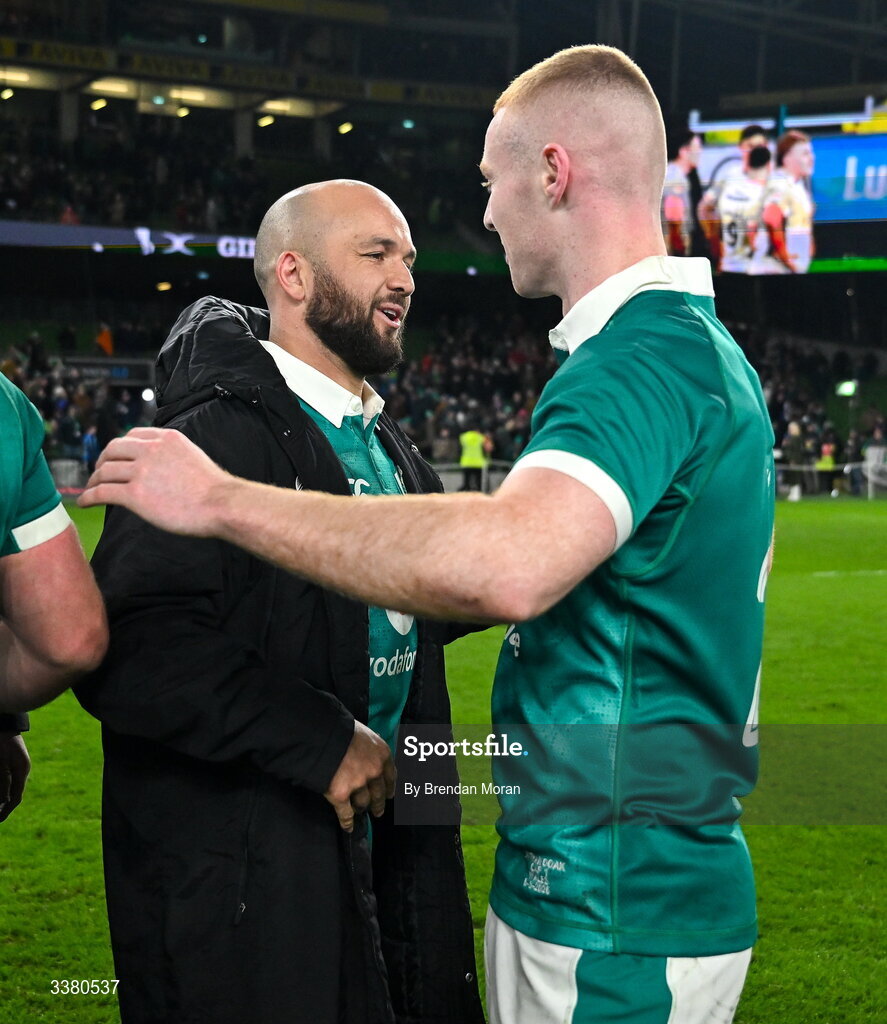 6 March 2026; Ireland players Jamison Gibson-Park, left, and Nathan Doak after their side's victory in the Guinness 6 Nations Rugby Championship match between Ireland and Wales at the Aviva Stadium in Dublin. Photo by Brendan Moran/Sportsfile