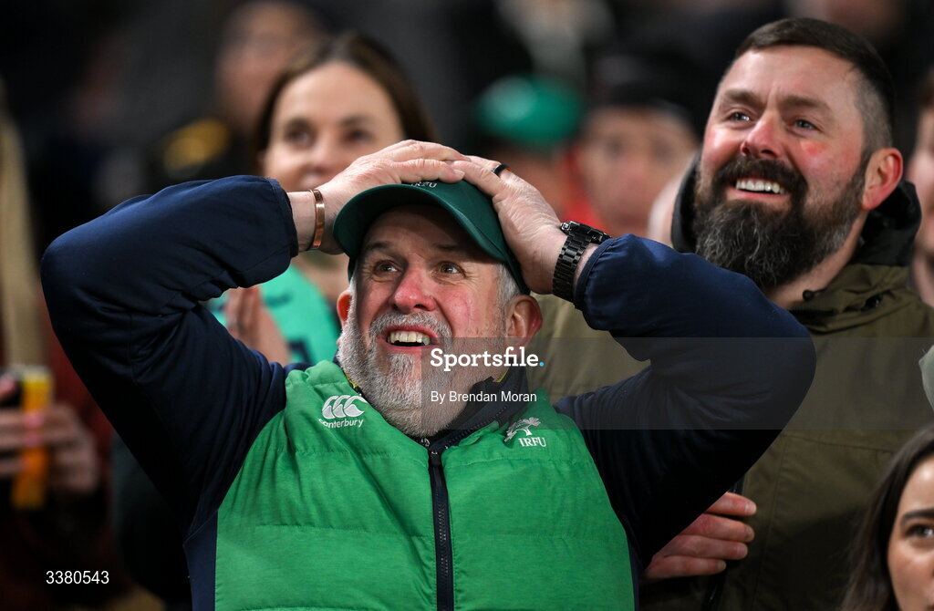 6 March 2026; Ireland supporters during the Guinness 6 Nations Rugby Championship match between Ireland and Wales at the Aviva Stadium in Dublin. Photo by Brendan Moran/Sportsfile