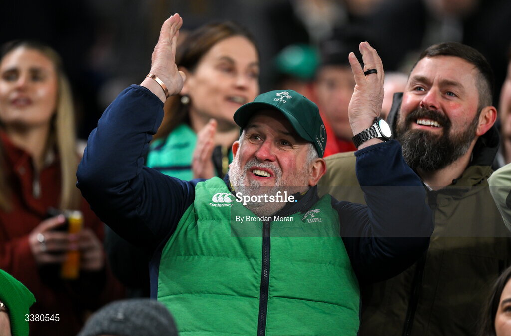 6 March 2026; Ireland supporters during the Guinness 6 Nations Rugby Championship match between Ireland and Wales at the Aviva Stadium in Dublin. Photo by Brendan Moran/Sportsfile
