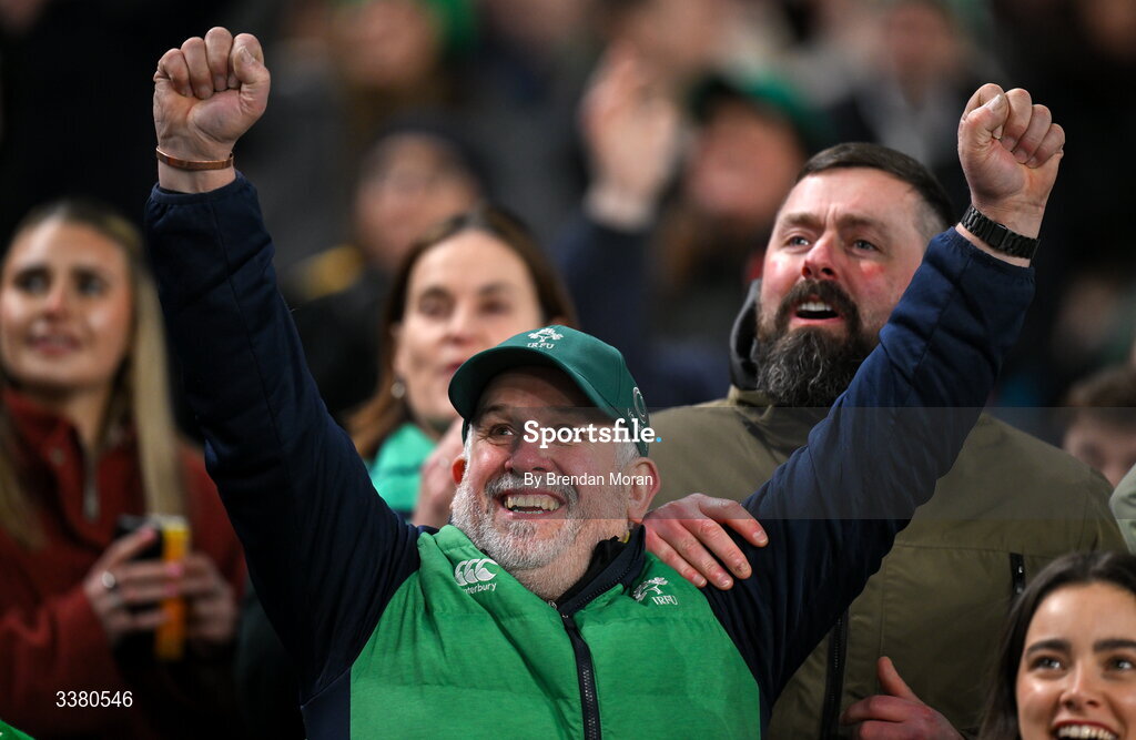 6 March 2026; Ireland supporters during the Guinness 6 Nations Rugby Championship match between Ireland and Wales at the Aviva Stadium in Dublin. Photo by Brendan Moran/Sportsfile