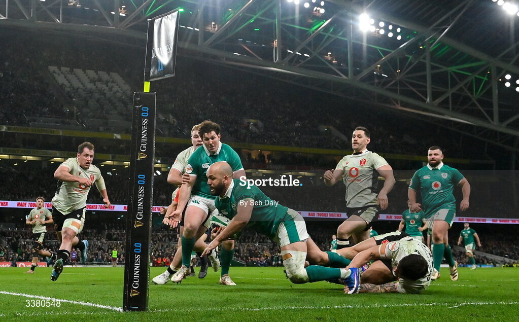 6 March 2026; Jamison Gibson-Park of Ireland is tackled by Louis Rees-Zammit of Wales during the Guinness 6 Nations Rugby Championship match between Ireland and Wales at the Aviva Stadium in Dublin. Photo by Seb Daly/Sportsfile