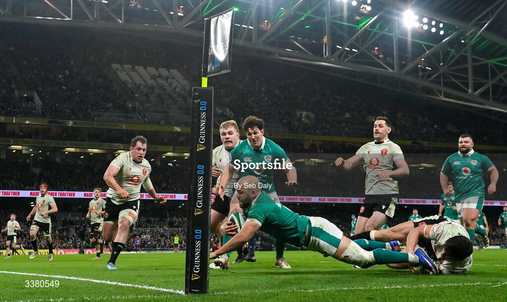 6 March 2026; Jamison Gibson-Park of Ireland is tackled by Louis Rees-Zammit of Wales during the Guinness 6 Nations Rugby Championship match between Ireland and Wales at the Aviva Stadium in Dublin. Photo by Seb Daly/Sportsfile