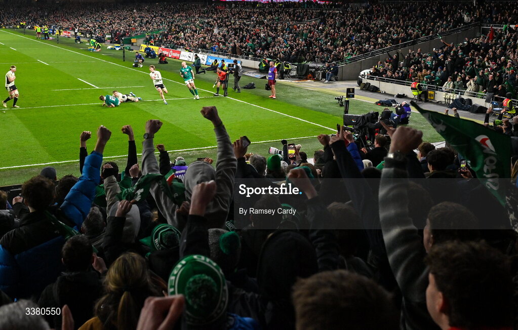 6 March 2026; Jack Crowley of Ireland scores his side's second try during the Guinness 6 Nations Rugby Championship match between Ireland and Wales at the Aviva Stadium in Dublin. Photo by Ramsey Cardy/Sportsfile