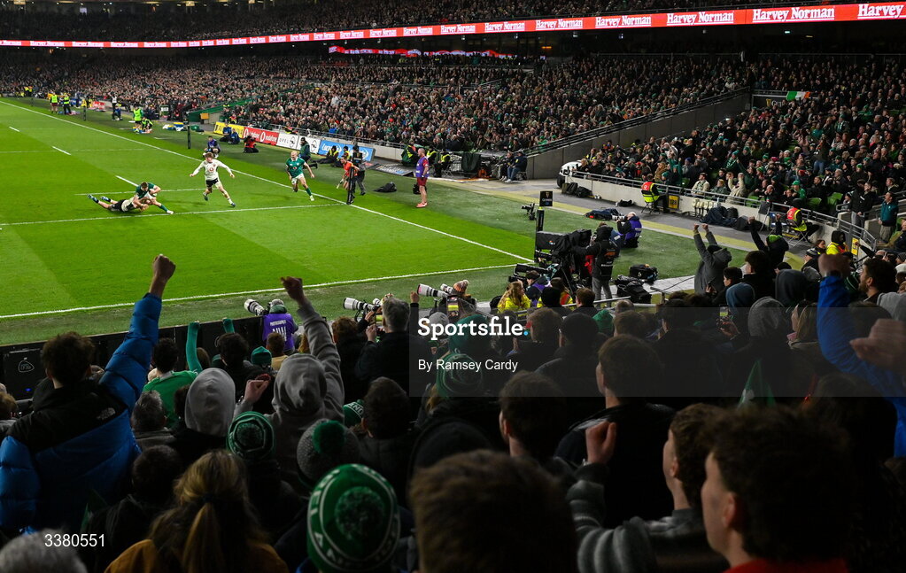 6 March 2026; Jack Crowley of Ireland scores his side's second try during the Guinness 6 Nations Rugby Championship match between Ireland and Wales at the Aviva Stadium in Dublin. Photo by Ramsey Cardy/Sportsfile