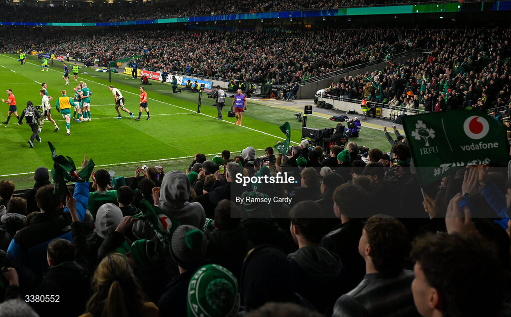 6 March 2026; Jack Crowley of Ireland celebrates with team-mates after scoring his side's second try during the Guinness 6 Nations Rugby Championship match between Ireland and Wales at the Aviva Stadium in Dublin. Photo by Ramsey Cardy/Sportsfile