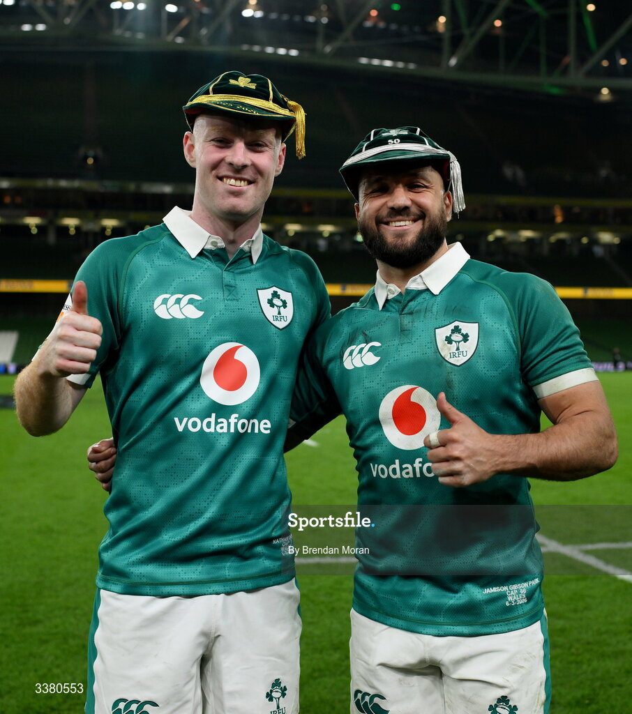 6 March 2026; Ireland players Nathan Doak, left, with his first cap and Jamison Gibson-Park, with his 50th cap, after the Guinness 6 Nations Rugby Championship match between Ireland and Wales at the Aviva Stadium in Dublin. Photo by Brendan Moran/Sportsfile