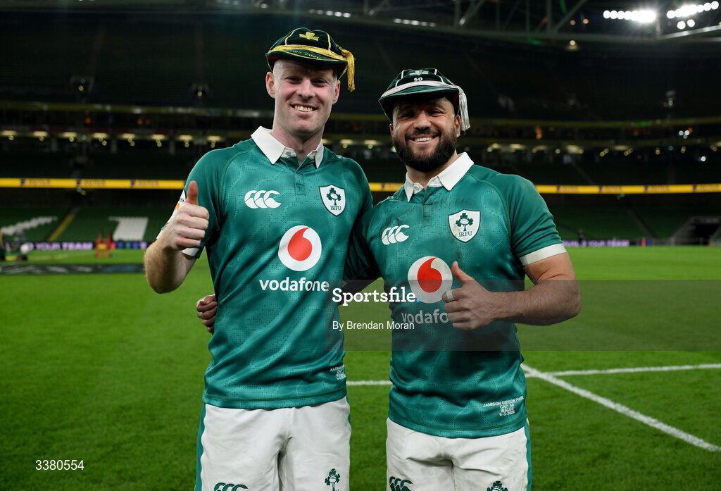 6 March 2026; Ireland players Nathan Doak, left, with his first cap and Jamison Gibson-Park, with his 50th cap, after the Guinness 6 Nations Rugby Championship match between Ireland and Wales at the Aviva Stadium in Dublin. Photo by Brendan Moran/Sportsfile