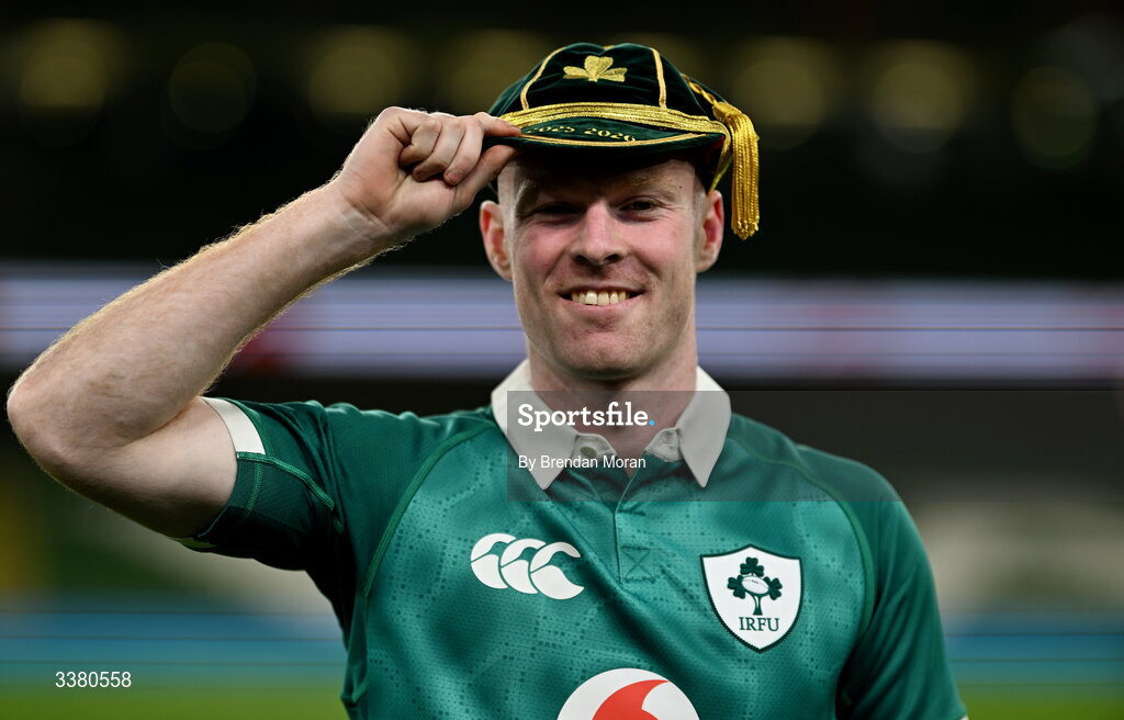 6 March 2026; Nathan Doak of Ireland, with his first cap, after the Guinness 6 Nations Rugby Championship match between Ireland and Wales at the Aviva Stadium in Dublin. Photo by Brendan Moran/Sportsfile