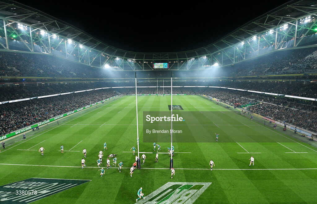 6 March 2026; Jacob Stockdale of Ireland, bottom, scores his side's first try the Guinness 6 Nations Rugby Championship match between Ireland and Wales at the Aviva Stadium in Dublin.Amhrán na bhFiann Photo by Brendan Moran/Sportsfile
