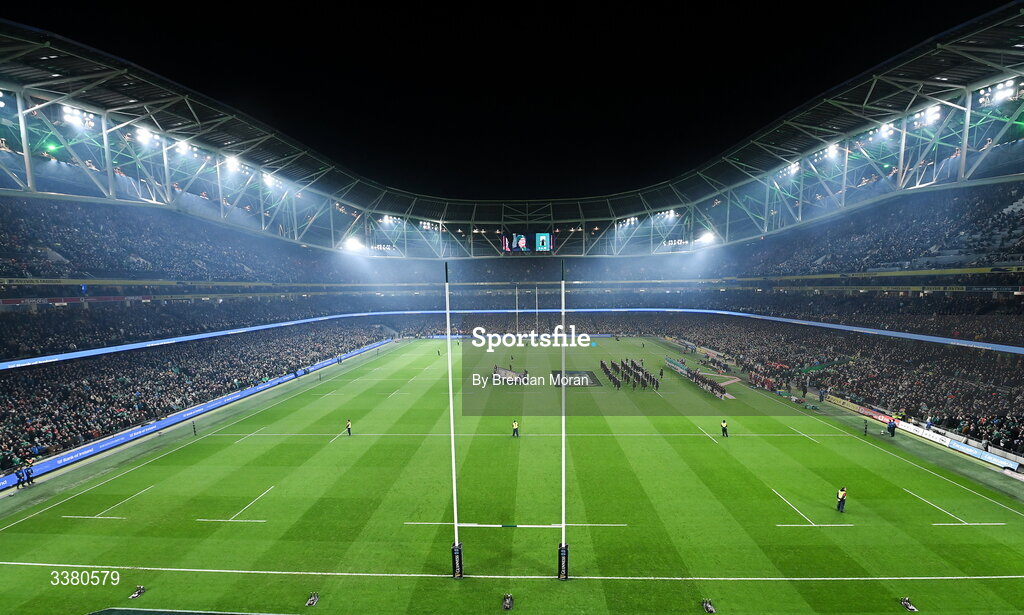 6 March 2026; A general view during the anthems before the Guinness 6 Nations Rugby Championship match between Ireland and Wales at the Aviva Stadium in Dublin. Photo by Brendan Moran/Sportsfile