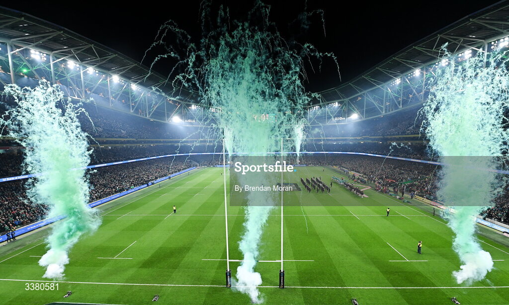 6 March 2026; A general view of fireworks before the Guinness 6 Nations Rugby Championship match between Ireland and Wales at the Aviva Stadium in Dublin.Amhrán na bhFiann Photo by Brendan Moran/Sportsfile
