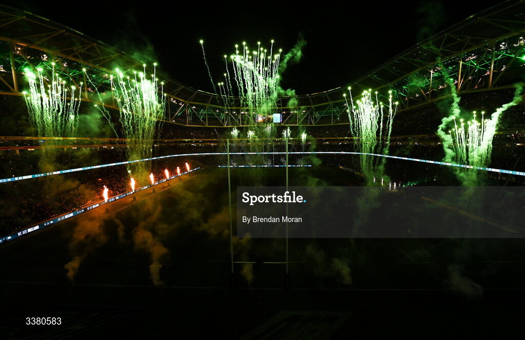 6 March 2026; A general view of fireworks before the Guinness 6 Nations Rugby Championship match between Ireland and Wales at the Aviva Stadium in Dublin.Amhrán na bhFiann Photo by Brendan Moran/Sportsfile