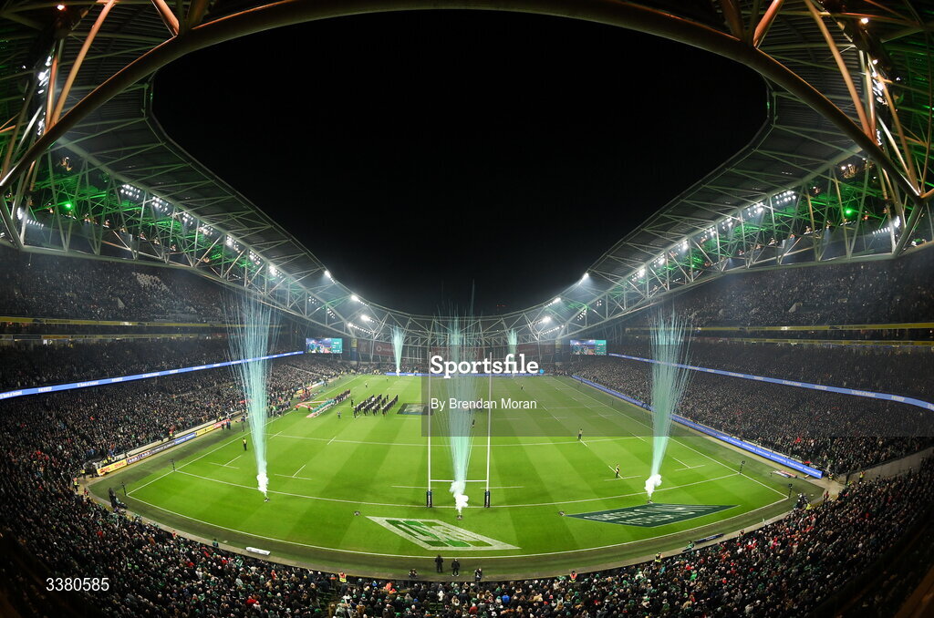 6 March 2026; A general view of pre-match fireworks during the Guinness 6 Nations Rugby Championship match between Ireland and Wales at the Aviva Stadium in Dublin. Photo by Brendan Moran/Sportsfile
