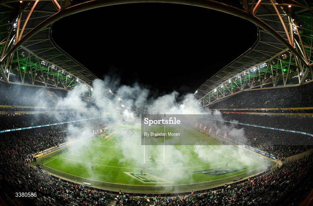 6 March 2026; A general view of pre-match fireworks during the Guinness 6 Nations Rugby Championship match between Ireland and Wales at the Aviva Stadium in Dublin. Photo by Brendan Moran/Sportsfile