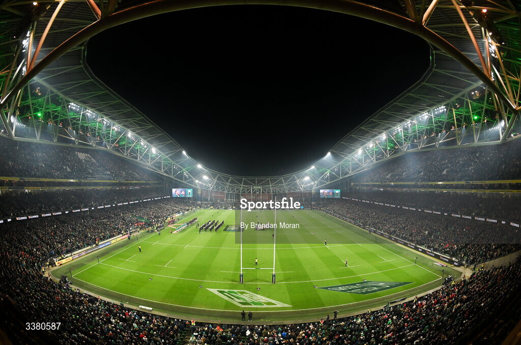 6 March 2026; A general view during the anthems before the Guinness 6 Nations Rugby Championship match between Ireland and Wales at the Aviva Stadium in Dublin. Photo by Brendan Moran/Sportsfile