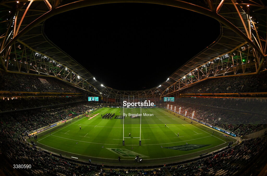 6 March 2026; A general view during the anthems before the Guinness 6 Nations Rugby Championship match between Ireland and Wales at the Aviva Stadium in Dublin. Photo by Brendan Moran/Sportsfile