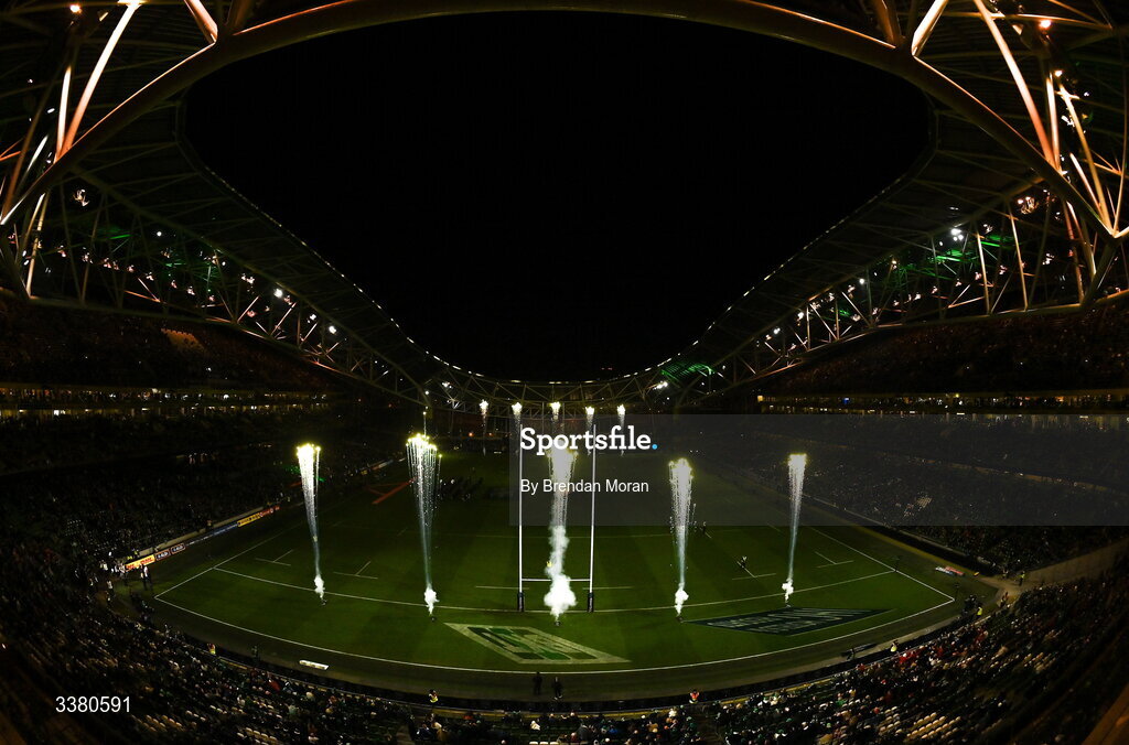 6 March 2026; A general view of pre-match fireworks during the Guinness 6 Nations Rugby Championship match between Ireland and Wales at the Aviva Stadium in Dublin. Photo by Brendan Moran/Sportsfile