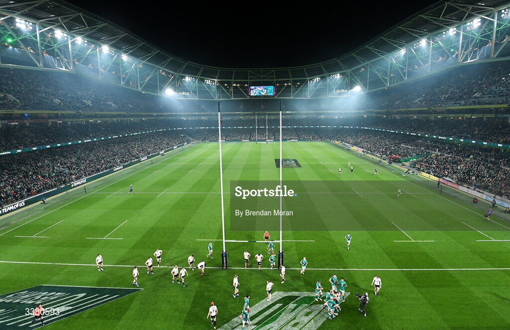 6 March 2026; Jacob Stockdale of Ireland celebrates with teammates after scoring their first try the Guinness 6 Nations Rugby Championship match between Ireland and Wales at the Aviva Stadium in Dublin.Amhrán na bhFiann Photo by Brendan Moran/Sportsfile