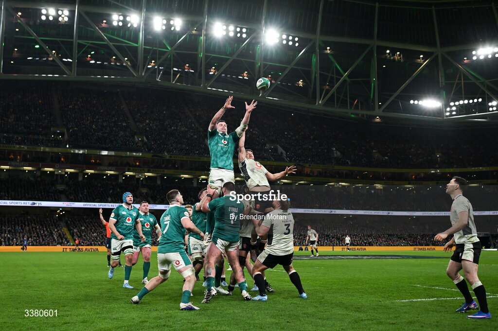 6 March 2026; James Ryan of Ireland wins possession in a lineout from Alex Mann of Wales during the Guinness 6 Nations Rugby Championship match between Ireland and Wales at the Aviva Stadium in Dublin. Photo by Brendan Moran/Sportsfile