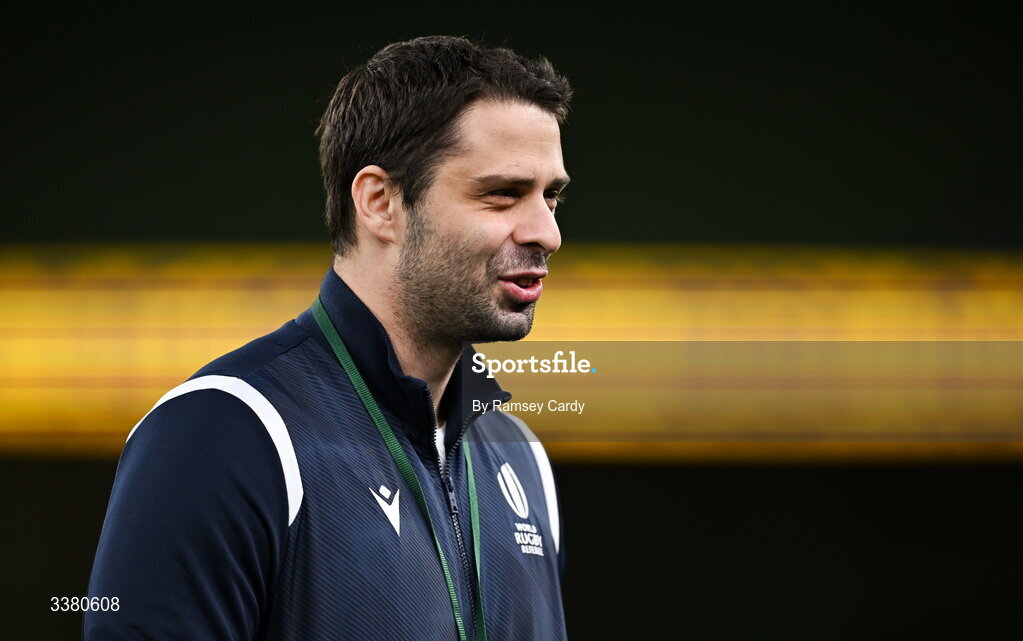 6 March 2026; Assistant referee Nika Amashukeli before the Guinness 6 Nations Rugby Championship match between Ireland and Wales at the Aviva Stadium in Dublin. Photo by Ramsey Cardy/Sportsfile