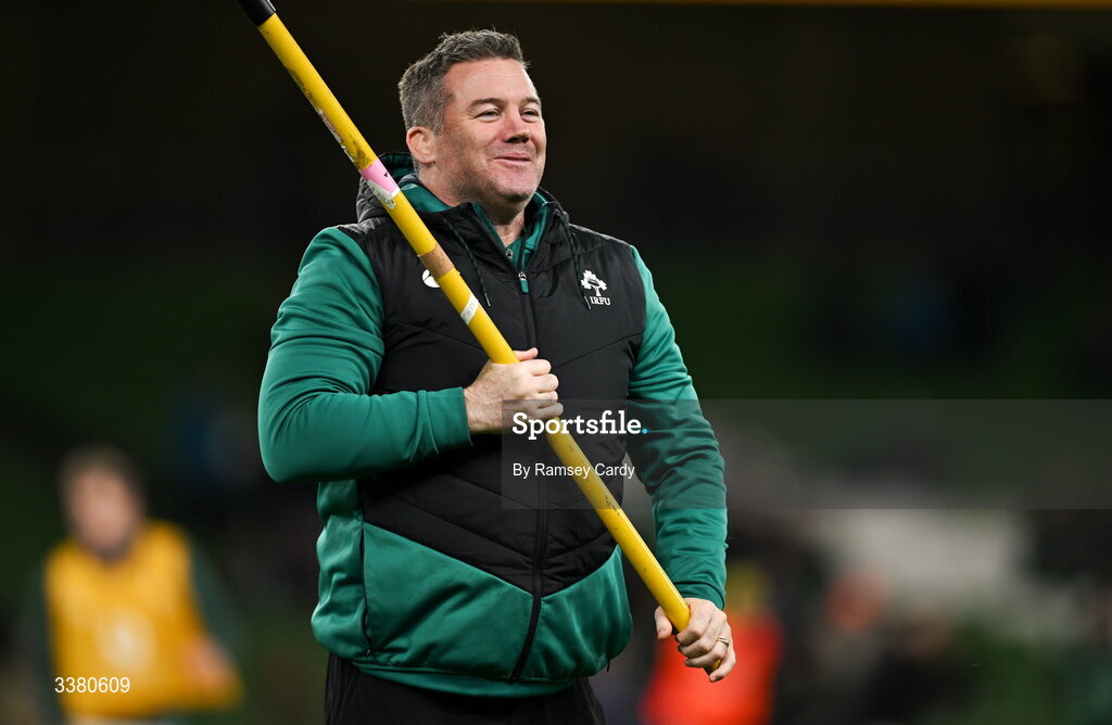 6 March 2026; Ireland national scrum coach John Fogarty before the Guinness 6 Nations Rugby Championship match between Ireland and Wales at the Aviva Stadium in Dublin. Photo by Ramsey Cardy/Sportsfile