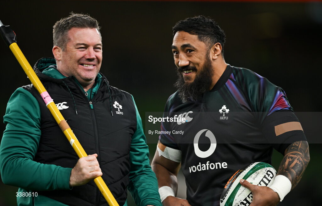 6 March 2026; Ireland national scrum coach John Fogarty, left, and Bundee Aki of Ireland before the Guinness 6 Nations Rugby Championship match between Ireland and Wales at the Aviva Stadium in Dublin. Photo by Ramsey Cardy/Sportsfile