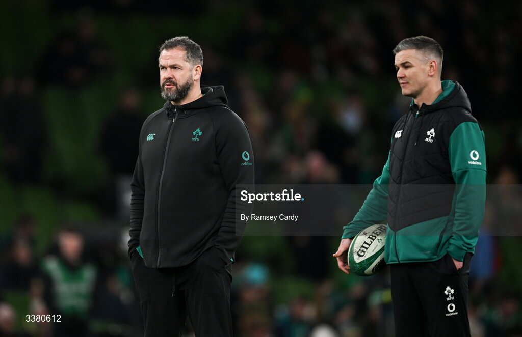 6 March 2026; Ireland head coach Andy Farrell, left, and Ireland assistant coach Jonathan Sexton before the Guinness 6 Nations Rugby Championship match between Ireland and Wales at the Aviva Stadium in Dublin. Photo by Ramsey Cardy/Sportsfile