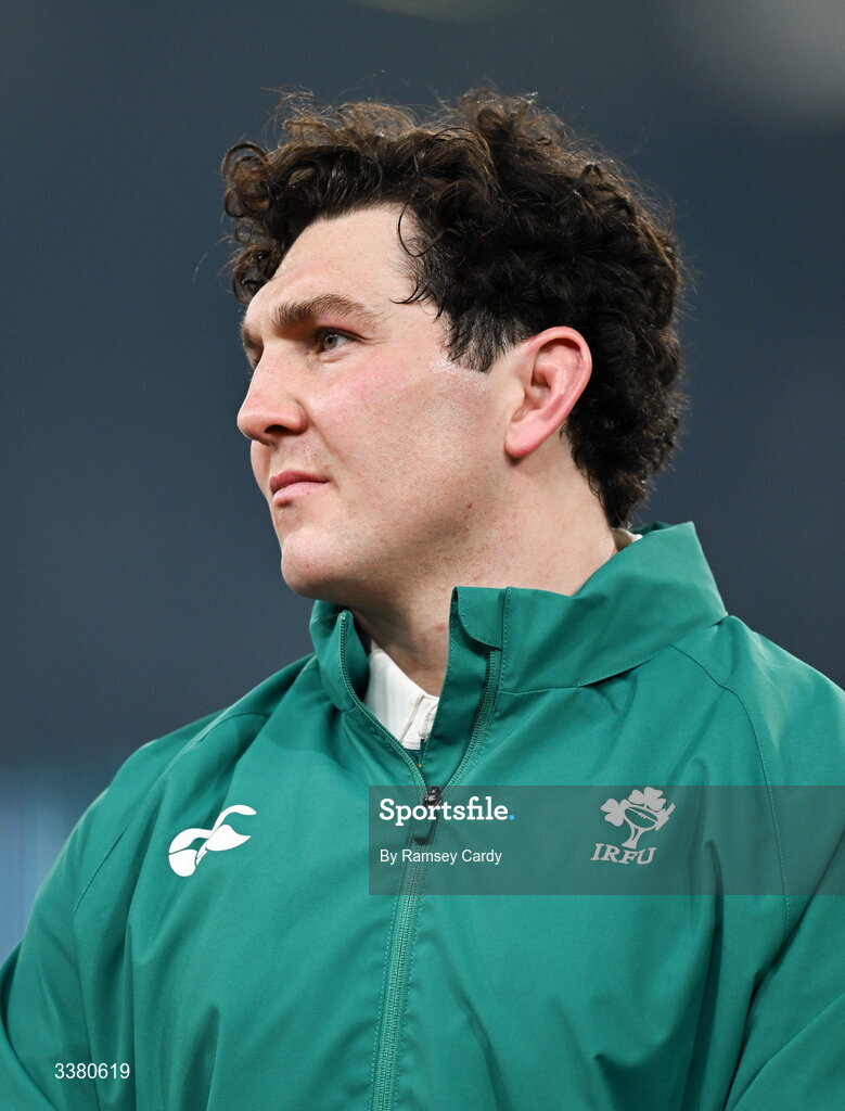 6 March 2026; Tom Stewart of Ireland before the Guinness 6 Nations Rugby Championship match between Ireland and Wales at the Aviva Stadium in Dublin. Photo by Ramsey Cardy/Sportsfile