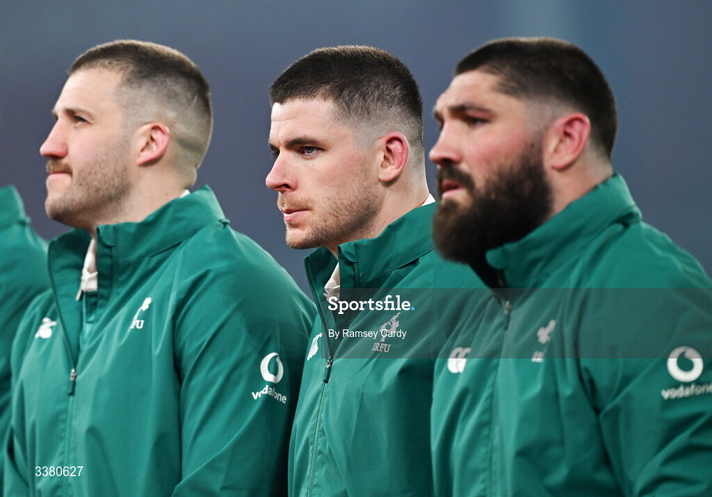 6 March 2026; Ireland players, from left to right, Stuart McCloskey, Nick Timoney and Tom O’Toole of Ireland before the Guinness 6 Nations Rugby Championship match between Ireland and Wales at the Aviva Stadium in Dublin. Photo by Ramsey Cardy/Sportsfile