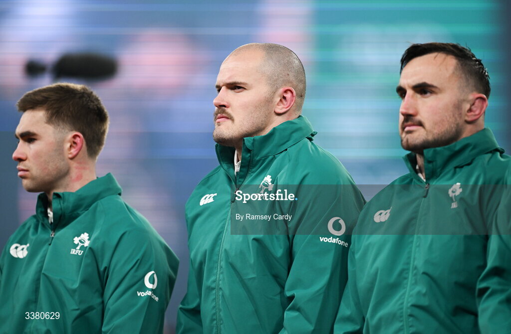 6 March 2026; Ireland players, from right to left, Rónan Kelleher, Jacob Stockdale and Jack Crowley before the Guinness 6 Nations Rugby Championship match between Ireland and Wales at the Aviva Stadium in Dublin. Photo by Ramsey Cardy/Sportsfile