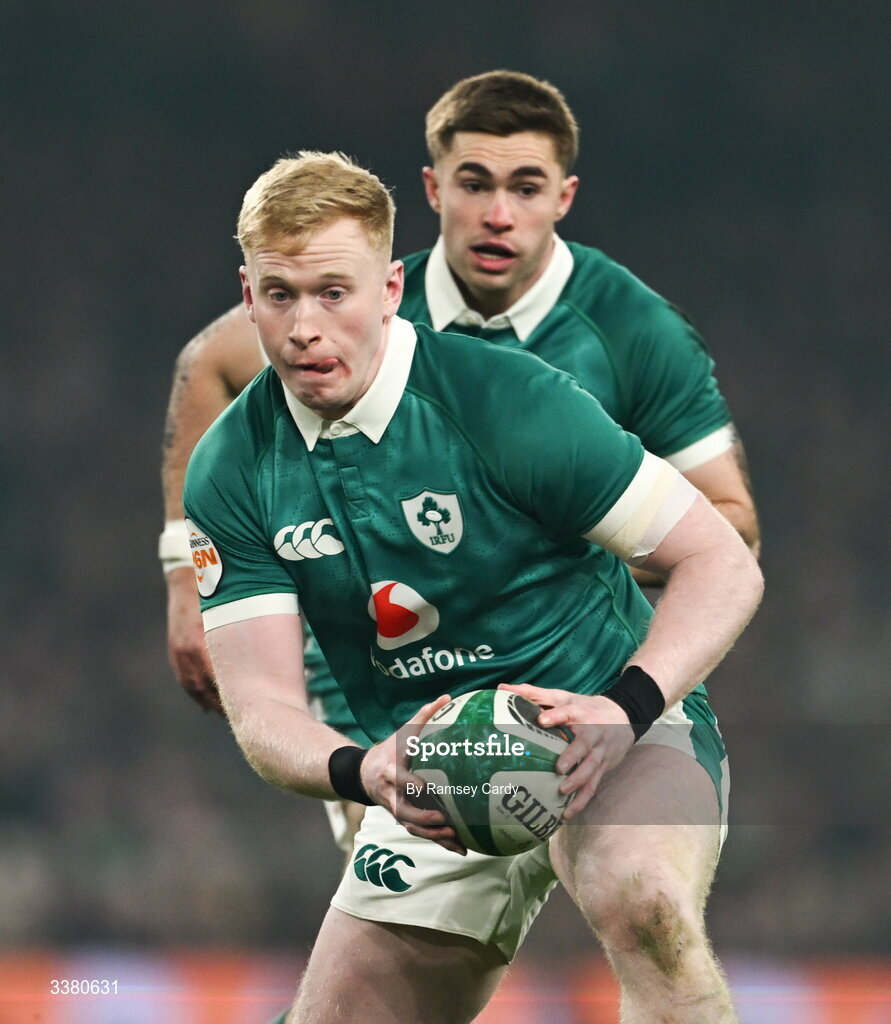 6 March 2026; Jamie Osborne of Ireland during the Guinness 6 Nations Rugby Championship match between Ireland and Wales at the Aviva Stadium in Dublin. Photo by Ramsey Cardy/Sportsfile