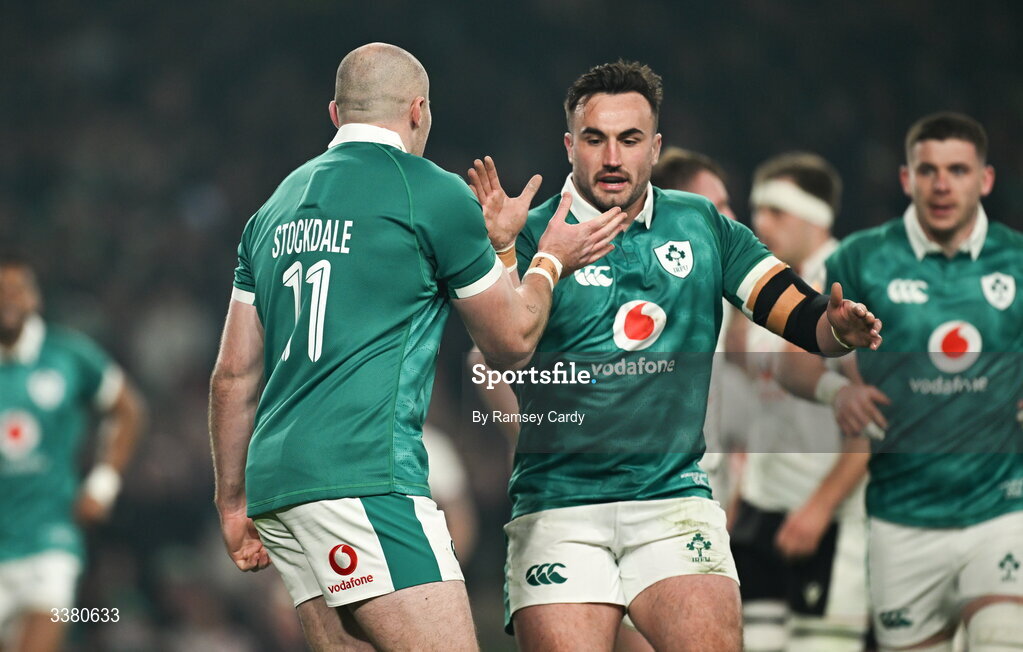 6 March 2026; Jacob Stockdale of Ireland celebrates with teammate Rónan Kelleher after scoring their side's first try during the Guinness 6 Nations Rugby Championship match between Ireland and Wales at the Aviva Stadium in Dublin. Photo by Ramsey Cardy/Sportsfile