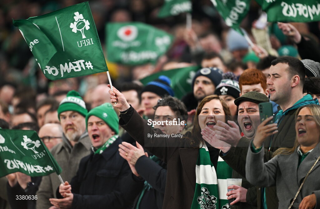 6 March 2026; Ireland supporters before the Guinness 6 Nations Rugby Championship match between Ireland and Wales at the Aviva Stadium in Dublin. Photo by Ramsey Cardy/Sportsfile