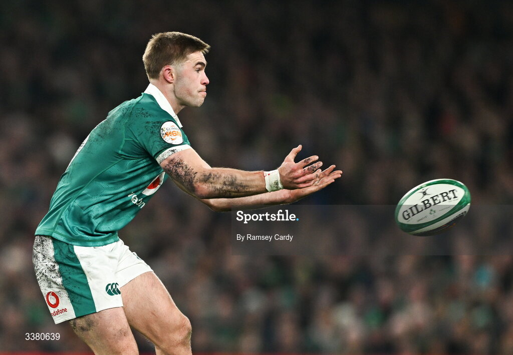 6 March 2026; Jack Crowley of Ireland during the Guinness 6 Nations Rugby Championship match between Ireland and Wales at the Aviva Stadium in Dublin. Photo by Ramsey Cardy/Sportsfile