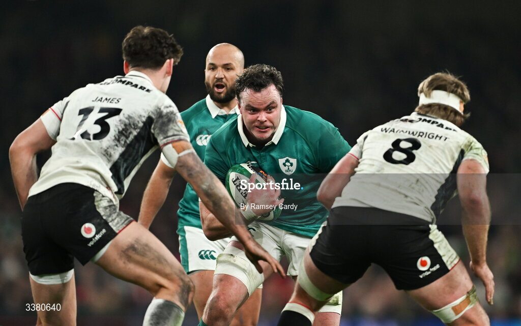 6 March 2026; James Ryan of Ireland during the Guinness 6 Nations Rugby Championship match between Ireland and Wales at the Aviva Stadium in Dublin. Photo by Ramsey Cardy/Sportsfile